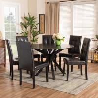 Baxton Studio Marie-Dark Brown-7PC Dining Set Marie Modern and Contemporary Dark Brown Faux Leather Upholstered and Dark brown Finished Wood 7-Piece Dining Set